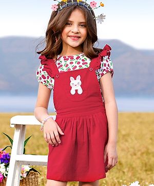 Babyhug Cordrouy Frocks with Half Sleeves Inner Tee Cherry Printed - Red