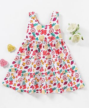 Babyhug 100% Cotton Sleeveless Fruits Print Frock with Bow Applique - Multicolor