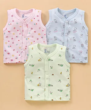 Pink Rabbit Cotton Sleeveless Animal Print Vests Pack of 3 - Pink Blue & Green