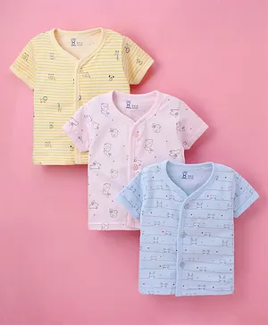 Pink Rabbit Cotton Half Sleeves Set Of Vests Bunny Print - Blue & Yellow