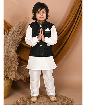 Pehanaava Full Sleeves Hand Embroidered Waistcoat With Kurta & Pajama - White & Black