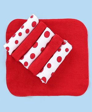 Babyhug Knitted Terry Wash cloth Pack of 6 Polka Dots Print - Red & White