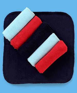 Babyhug Knitted Terry Solid Wash Cloth Pack of 6 - Navy Sky Blue & Red