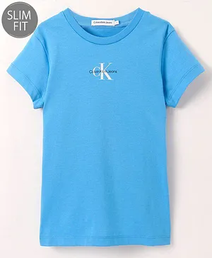 Calvin Klein Organic Cotton Half Sleeves Slim Fit T-Shirt  Logo Print - Blue