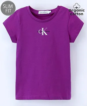 Calvin Klein Cotton Half Sleeves Text Printed Slim Fit T-Shirt  - Purple
