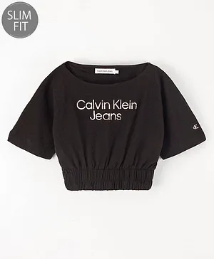 Calvin Klein Cotton Knit Half Sleeves T-Shirt Branding Logo Print - Black