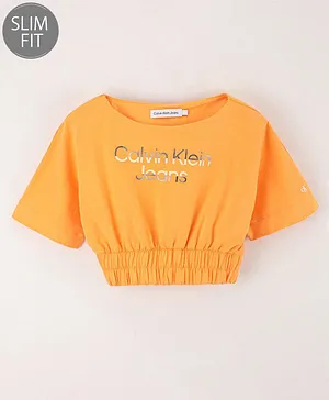 Calvin Klein Cotton Knit Half Sleeves Slim Fit T-Shirt  Branding Logo Print - Orange
