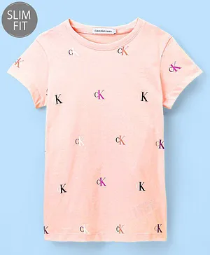 Calvin Klein Cotton Half Sleeves Brand Logo Printed Slim Fit T-Shirt  - Pink