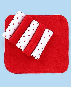Babyhug Knitted Terry Wash Cloth Pack of 6 Polka Dots Print - Red & White