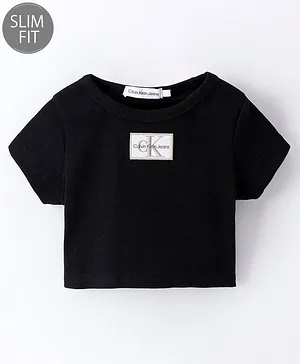 Calvin Klein Cotton Half Sleeves Text Embroidered T-Shirt - Black