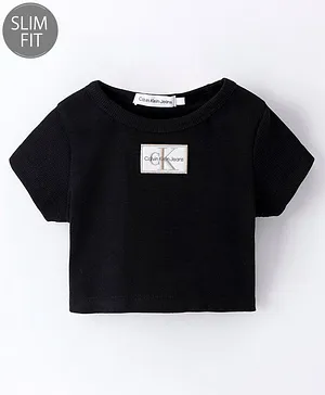 Calvin Klein Cotton Half Sleeves Text Embroidered Slim Fit T-Shirt  - Black