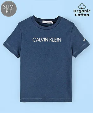 Calvin Klein Oragnic Cotton Half Sleeves Slim Fit T-Shirt  Logo Print - Blue