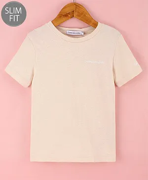 Calvin Klein Organic Cotton Knit Half Sleeves T-Shirt Logo Text Print - Beige