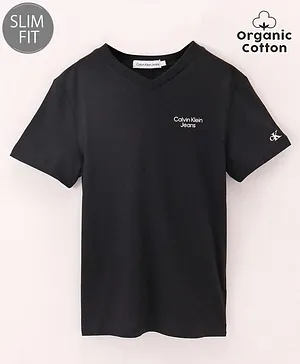 Calvin Klein Organic Cotton Knit Half Sleeves Slim Fit T-Shirt  Logo Text Print - Black