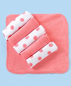 Babyhug Knitted Terry Wash Cloth Pack of 6 Polka Dots Print - Pink & White