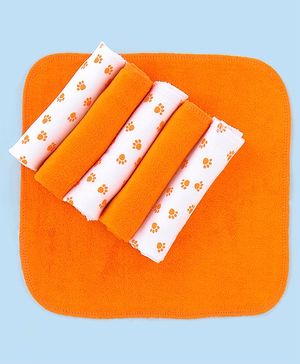 Babyhug Knitted Terry Wash Cloth Pack of 6 Paws Print - Orange & White