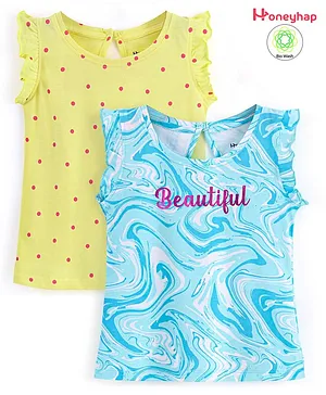 Honeyhap Premium 100% Cotton Knit Sleeveless T-Shirts with Bio Finish Pack of 2 Polka Dots & Marble Print - Yellow Iris & Blue
