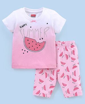 Babyhug Cotton Half Sleeves Capri Night Suit Watermelon Print - Pink