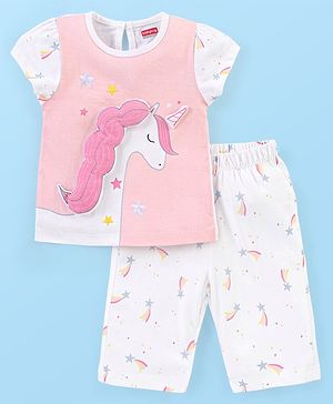 Babyhug Cotton Knit Cap Sleeves Capri Night Suit Unicorn Print - Pink & White