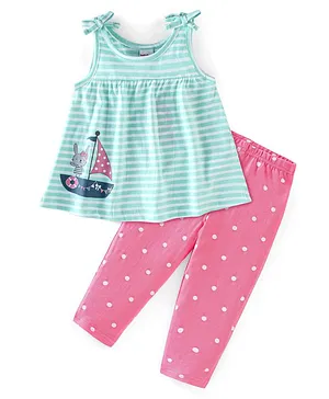 Babyhug 100% Cotton Knit Sleeveless Striped Top and Leggings Set Bunny Print - Blue & Pink