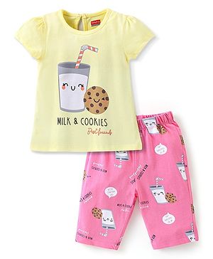 Babyhug Cotton Half Sleeves Capri Night Suit Milk & Cookies Print- Yellow & Pink