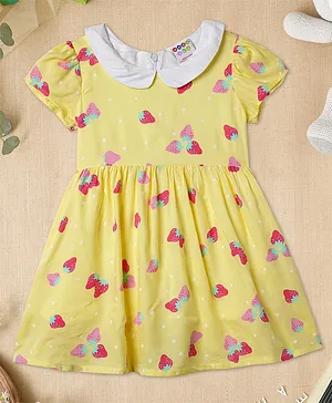 Zion Short Sleeves Fruit Printed Fit & Flared Dress - Yellow