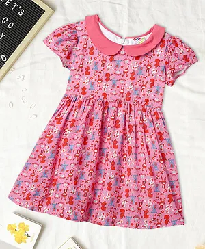 Zion Short Sleeves Bunny Printed Fit & Flared Dress - Peach