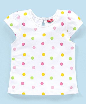 Babyhug 100% Cotton Knit Cap Sleeves Dot Printed Tee - White