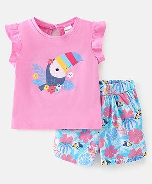 Babyhug 100% Cotton Knit Half Sleeves Top and Shorts Toucan Sequin Print - Blue & Pink