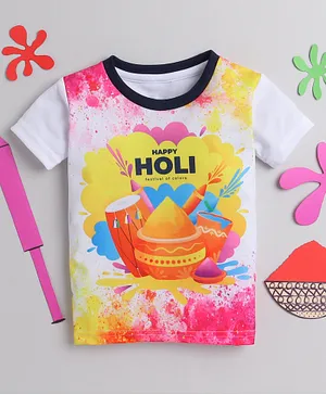 IndiUrbane Happy Holi Theme Half Sleeves Pichkari & Colour Splash Art Printed Tee - Yellow