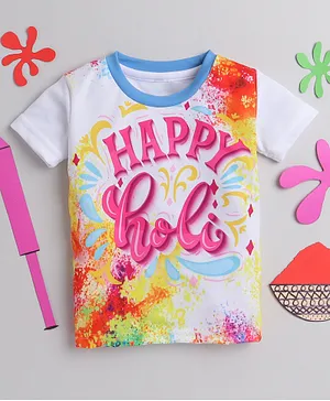 IndiUrbane Happy Holi Theme Half Sleeves Colour Splash Art Printed Tee - Multi Colour & White