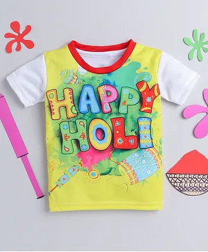 IndiUrbane Holi Theme Half Sleeves Happy Holi With Dholki & Colour Splash Printed Tee - Yellow