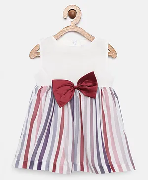 Aomi Sleeveless Bow Embellished Fit & Flare Awning Striped Dress - White