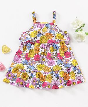 Babyhug 100% Cotton Singlet Floral Print Frock - White