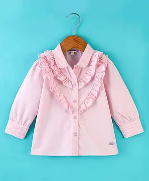 ToffyHouse 100% Cotton Poplin Full Sleeves Designer Top With Frill Detailing Solid Colour - Pink