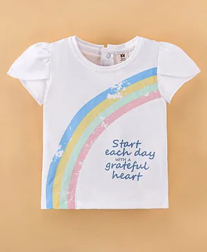 ToffyHouse Single Jersey Cotton Petal Sleeves Top with Text & Rainbow Print - White