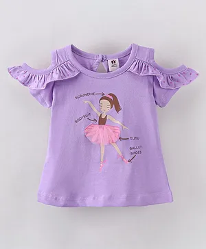 ToffyHouse Single Jersey Cotton Cold Shoulder Sleeves Top with Frill Detailing & Ballerina Print - Blue Mauve