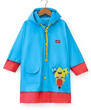 Babyhug Full Sleeves Hooded Monster Graphics Raincoat - Blue