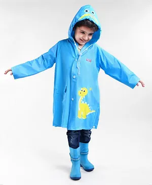 Babyhug Full Sleeves Hooded Raincoat Dino Print - Blue