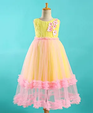 Bluebell Net Sleeveless Party Wear Flared Frock Floral Applique - Pink & Yellow