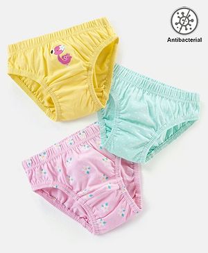 Babyhug 100% Cotton Antibacterial Panties Flamingo & Floral Print Pack of 3 - Yellow Green & Pink