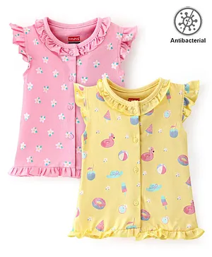 Babyhug 100% Cotton Frill Sleeves Antibacterial Vests With Floral Print Pack of 2- Pink & Yellow