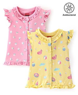 Babyhug 100% Cotton Frill Sleeves Antibacterial Vests With Floral Print Pack of 2- Pink & Yellow