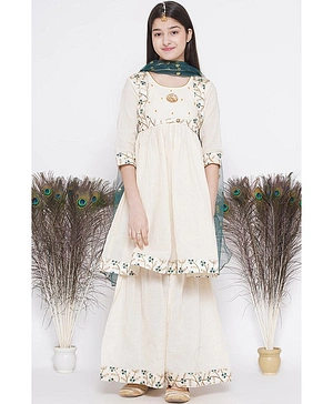 Little Bansi Three Fourth Sleeves Embroidered Kurta Sharara With Dupatta - Cream