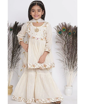 Little Bansi Three Fourth Sleeves Lurex Striped & Floral Embroidered Ghungroo Embellished Kurta With Coordinating Sharara & Dupatta - Cream