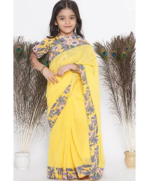 Little Bansi Ready To Wear Floral Boarder Printed Saree & Blouse - Yellow
