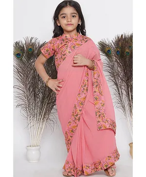 Little Bansi Ready To Wear Boarder Floral Printed Saree & Blouse - Peach