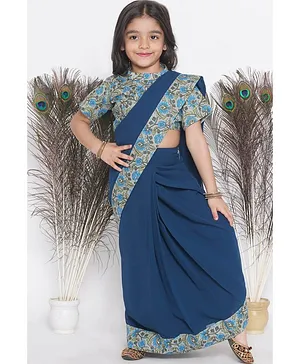 Little Bansi Ready To Wear Boarder Floral Printed Saree & Blouse - Blue