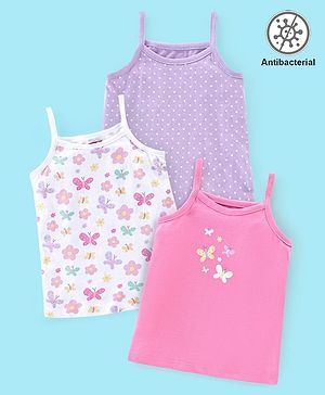 Babyhug 100% Cotton Knit Sleeveless Antibacterial Slips Butterfly & Polka Dot Print Pack of 3 - Pink Purple & White
