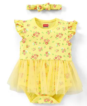 Babyhug 100% Cotton Knit Frill Sleeves Frock Style Onesie with Headband Floral Print - Yellow
